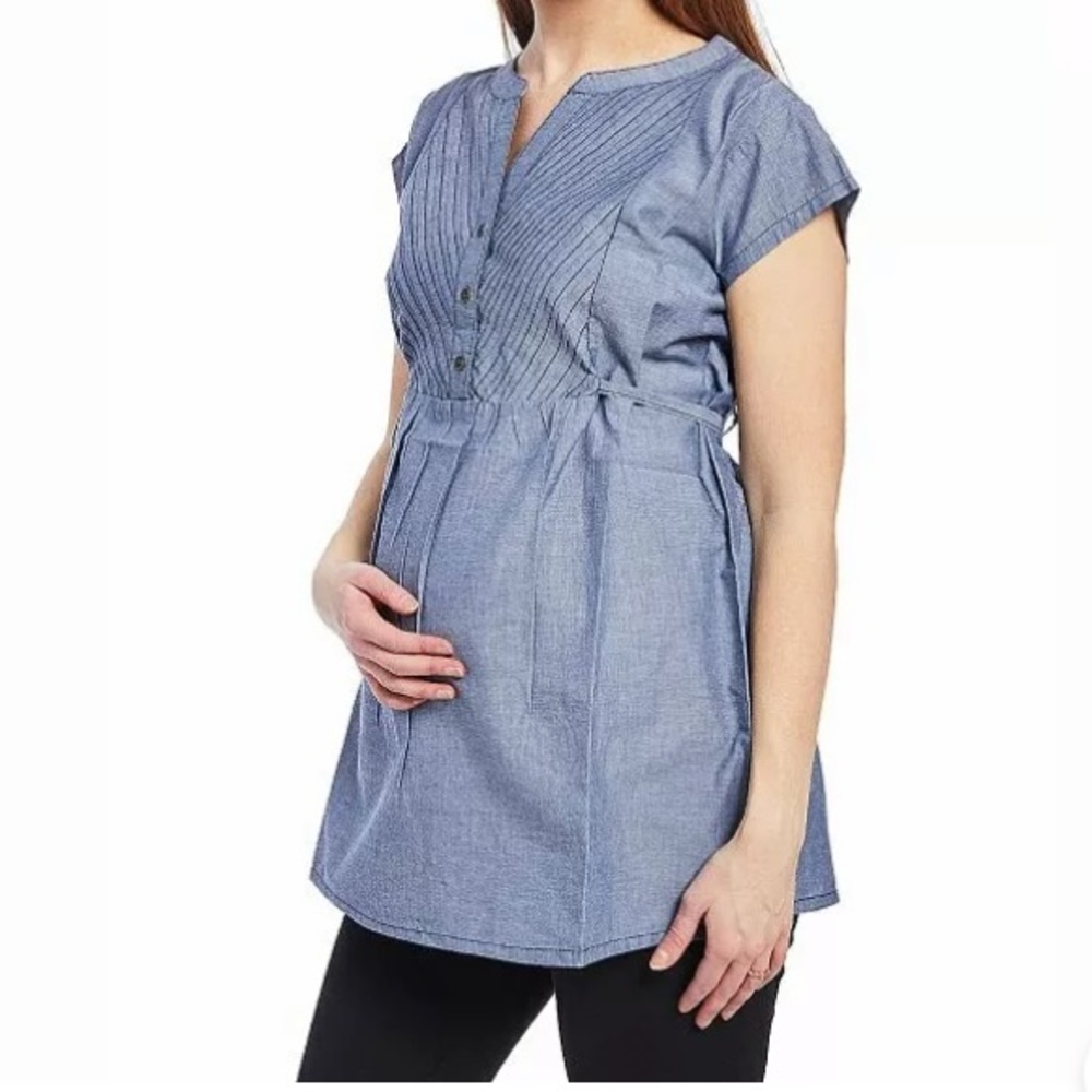 Times Two Chambray Pleated Button-Front Cap-Sleeve